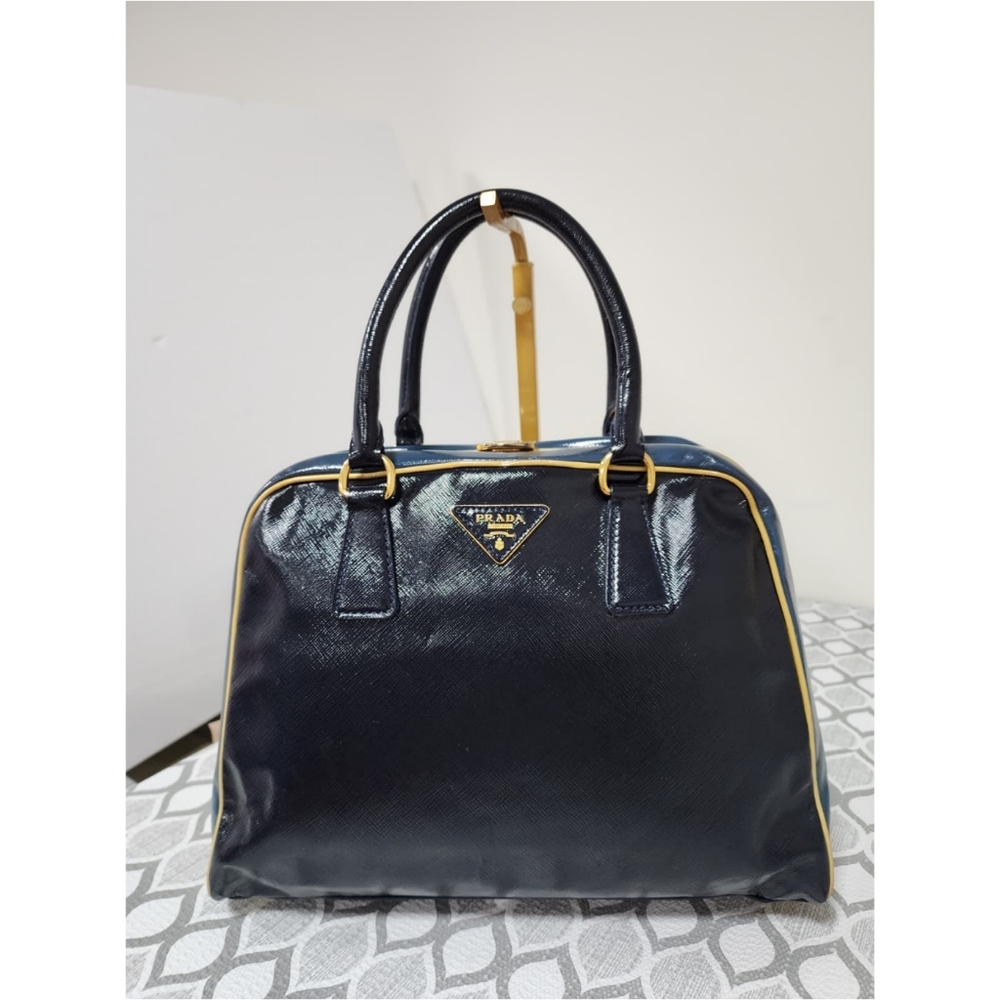 Prada Saffiano Vernice Pyramid Bag Navy Blue